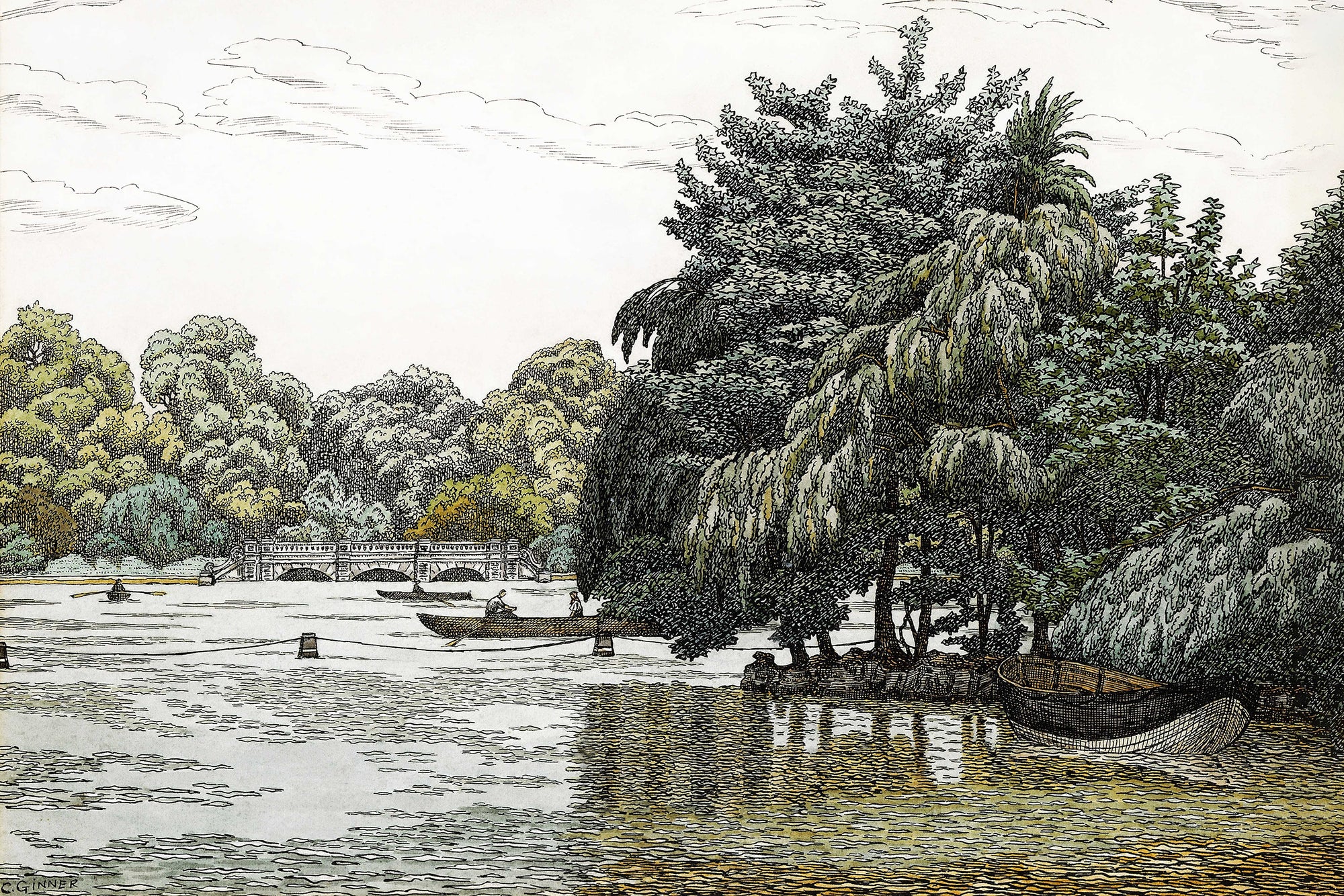 Vintage River Landscape Art Mural