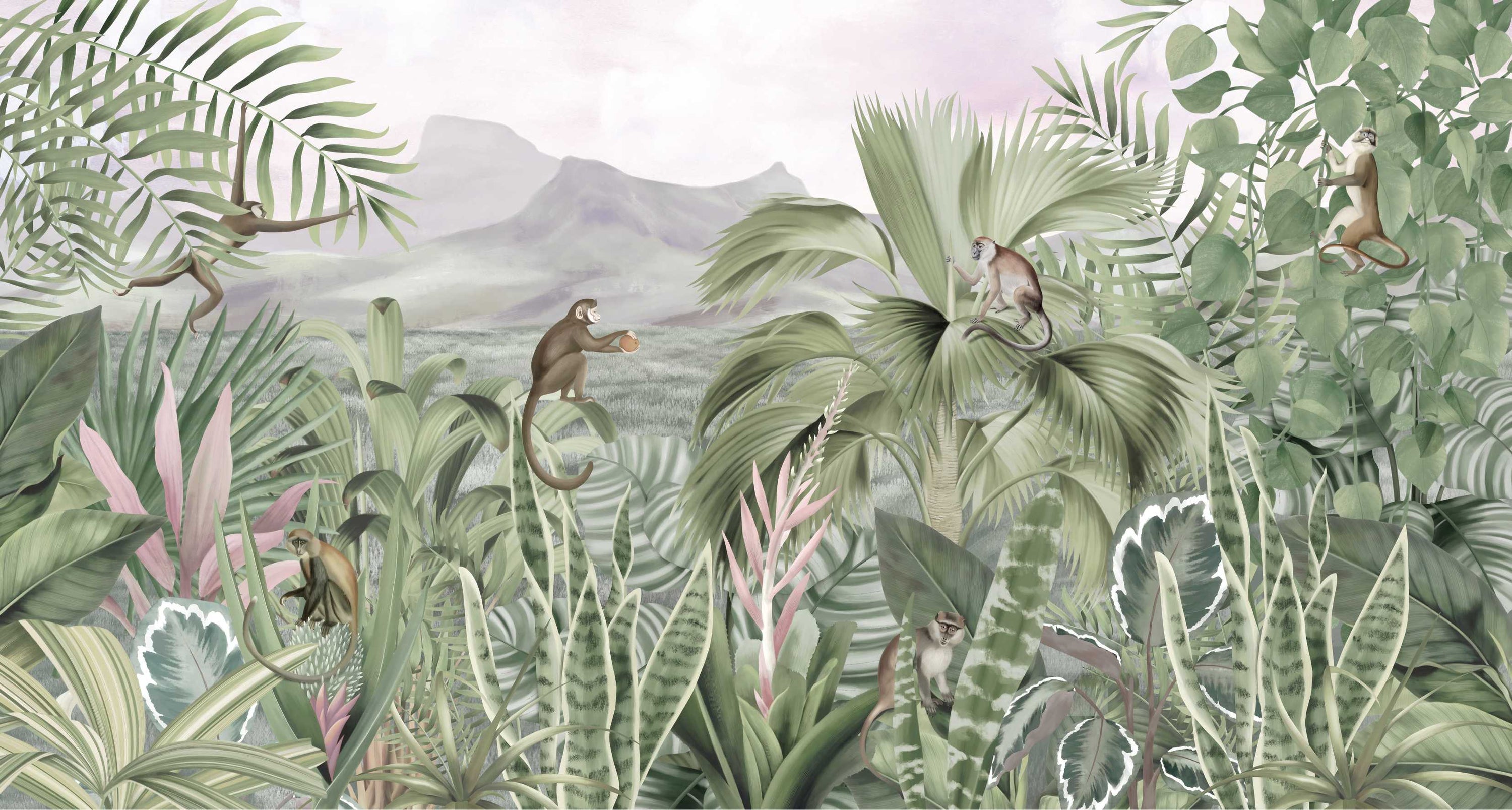 Tropical Monkey Jungle Wallpaper Mural in your room — zoomed