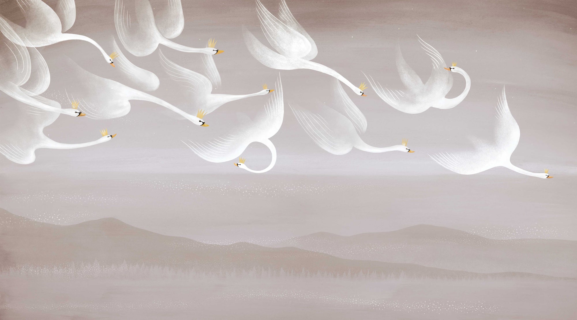 Ethereal Flying Swans Wall Mural