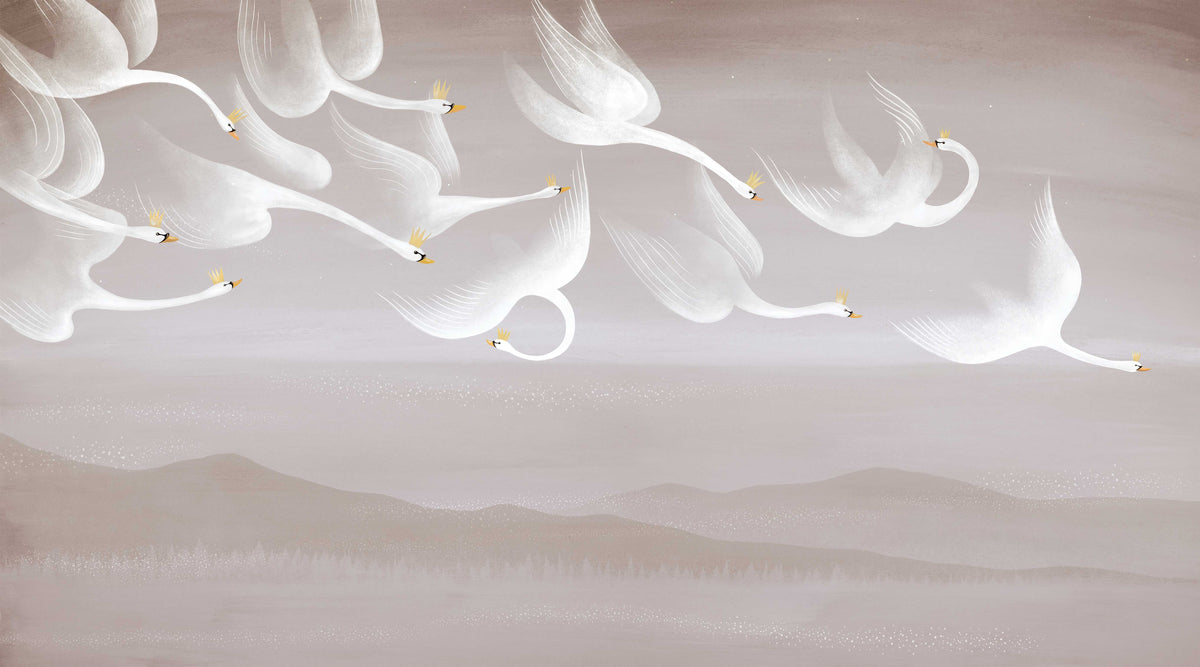 Ethereal Flying Swans Wall Mural in your room — zoomed