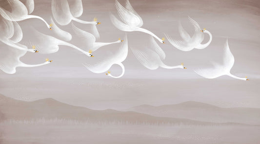Ethereal Flying Swans Wall Mural
