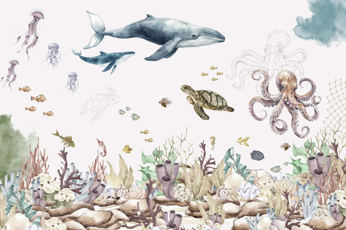Watercolor Ocean Life Wall Mural in your room — zoomed