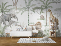 Tropical safari mural in soft watercolor hues.
