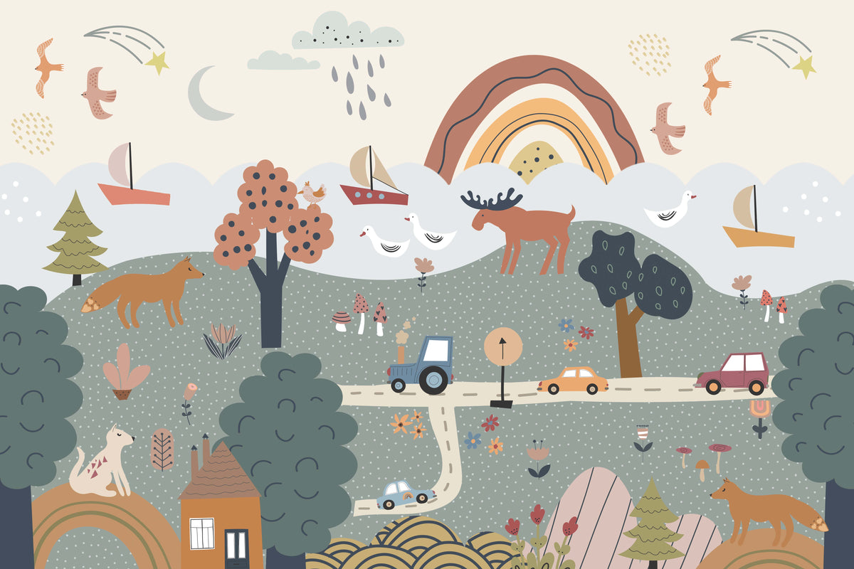 Whimsical Scandinavian Forest Wallpaper in your room — zoomed