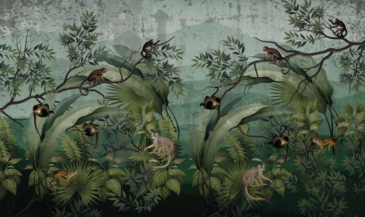 Tropical Monkey Jungle Wall Mural in your room — zoomed