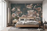 Artistic floral wall mural with muted earthy hues
