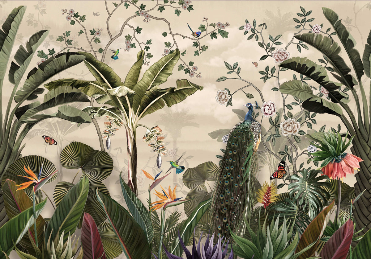 Luxury Peacock Tropical Jungle Wall Mural in your room — zoomed