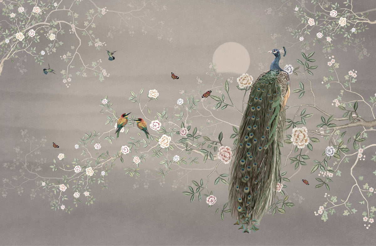 Chinoiserie Mural Wallpaper - Peacock in your room — zoomed
