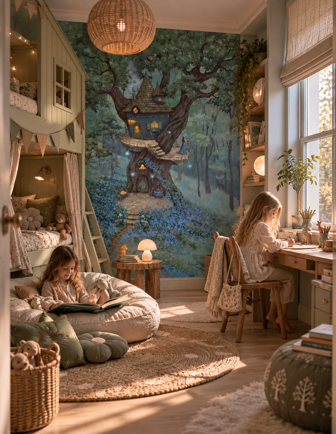 Girls reading nook with bunk house bed, desk and floor cushions under a forest wallpaper mural GD13529