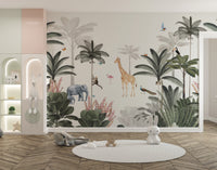 Tropical forest mural with wild animals
