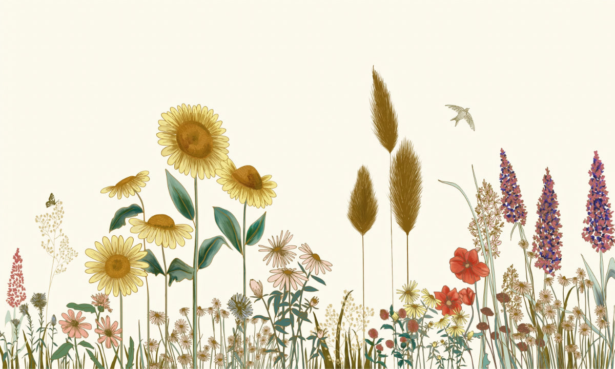 Colorful Sunflower Field Wallpaper Mural in your room — zoomed