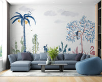 Playful wildlife wallpaper with tropical flora and fauna.