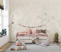 Tropical wallpaper with beige and muted greens.
