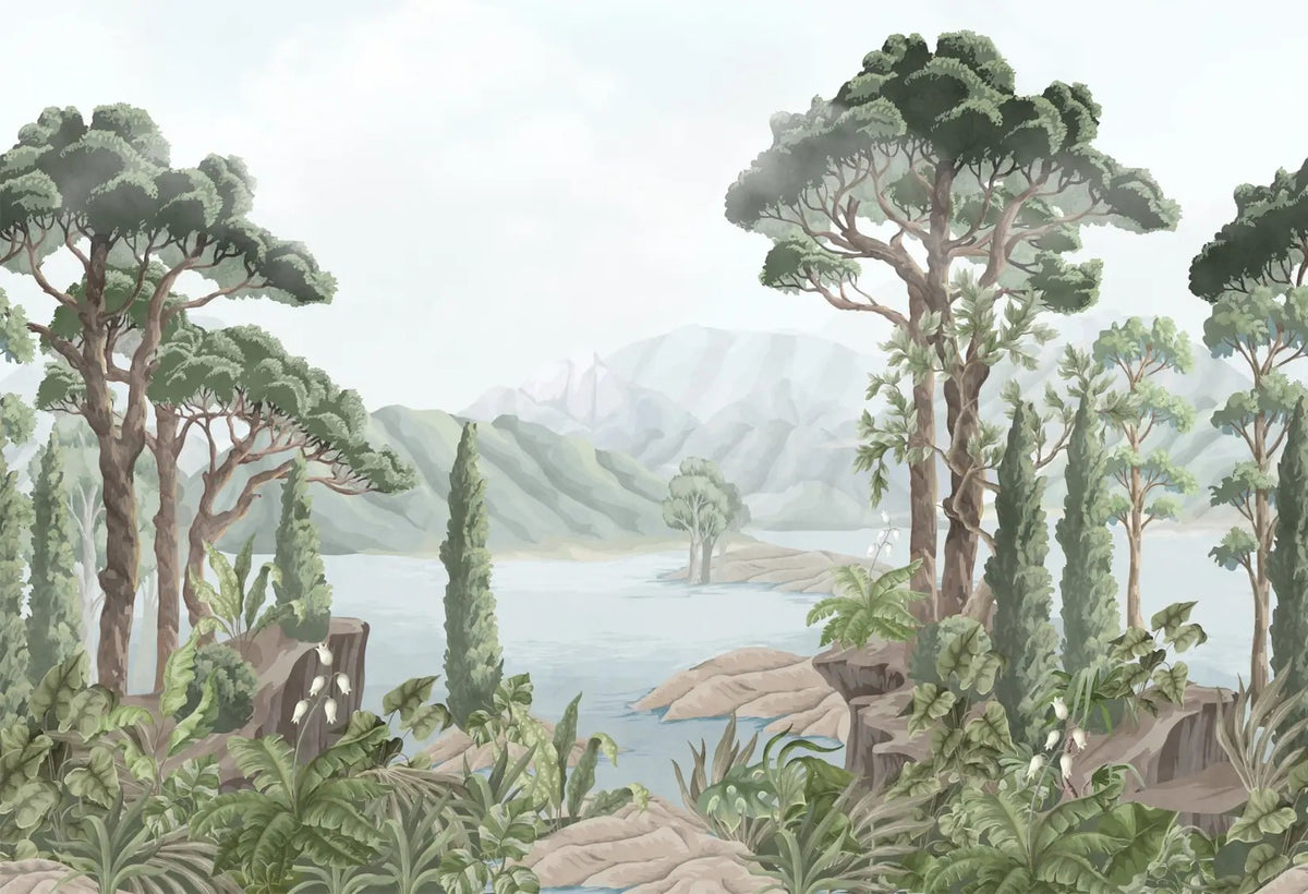 Watercolor Jungle Landscape Wallpaper in your room