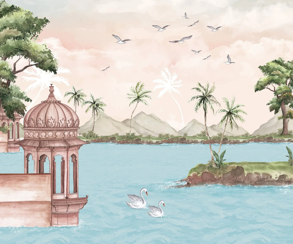 Watercolor Lakeside View Wall Mural in your room