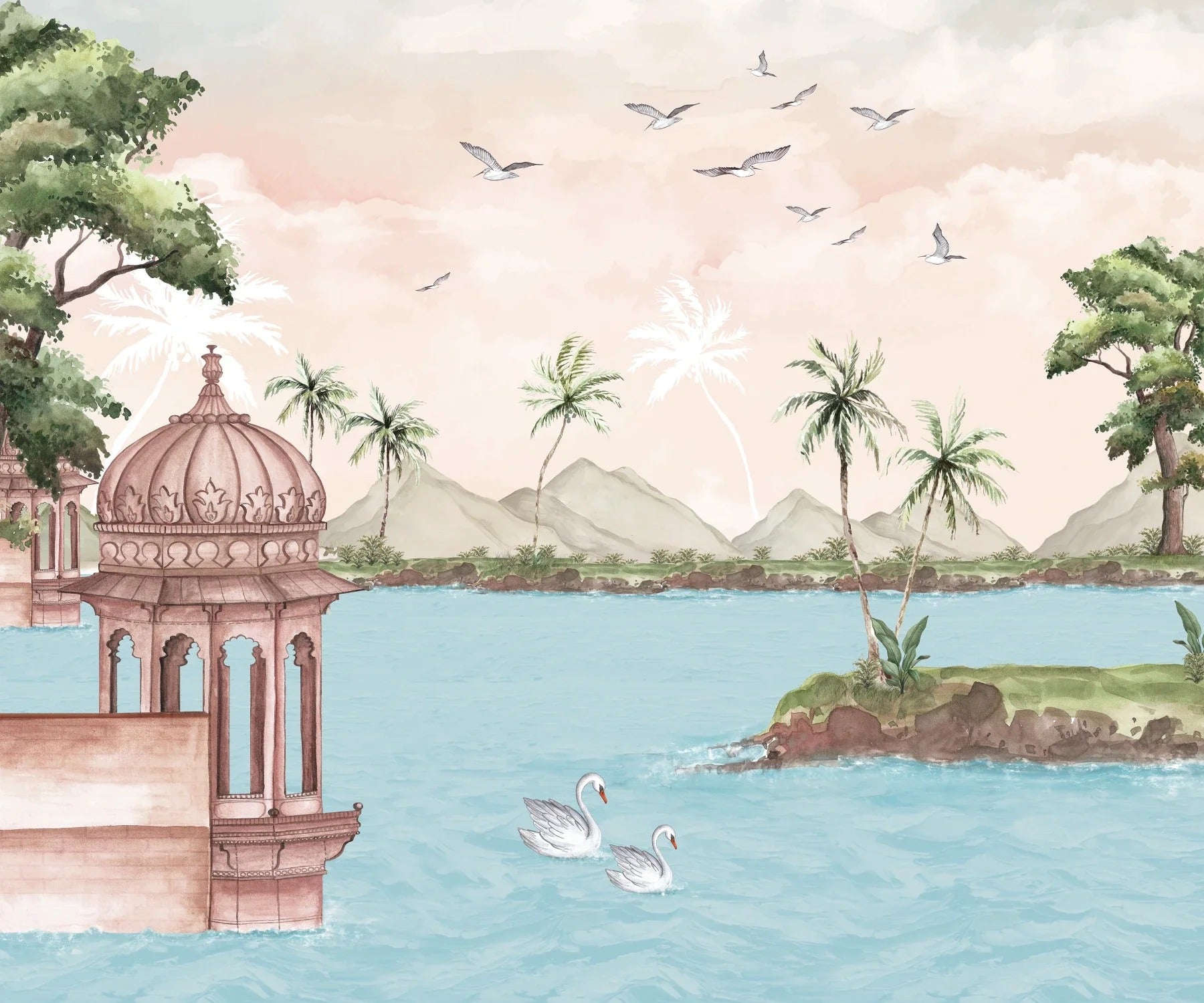 Watercolor Lakeside View Wall Mural in your room — zoomed