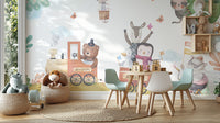 Charming wallpaper design featuring a train of animated animals in a countryside setting.