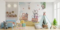 Kid-friendly wallpaper with a vibrant train of cheerful animals on an adventure.