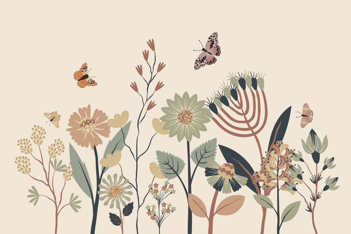Pastel Botanicals and Butterflies Wallpaper in your room — zoomed
