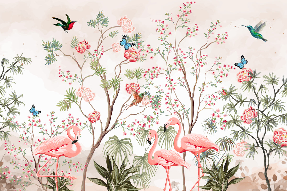 Chinoiserie Garden Flamingo Wallpaper - Pink in your room — zoomed