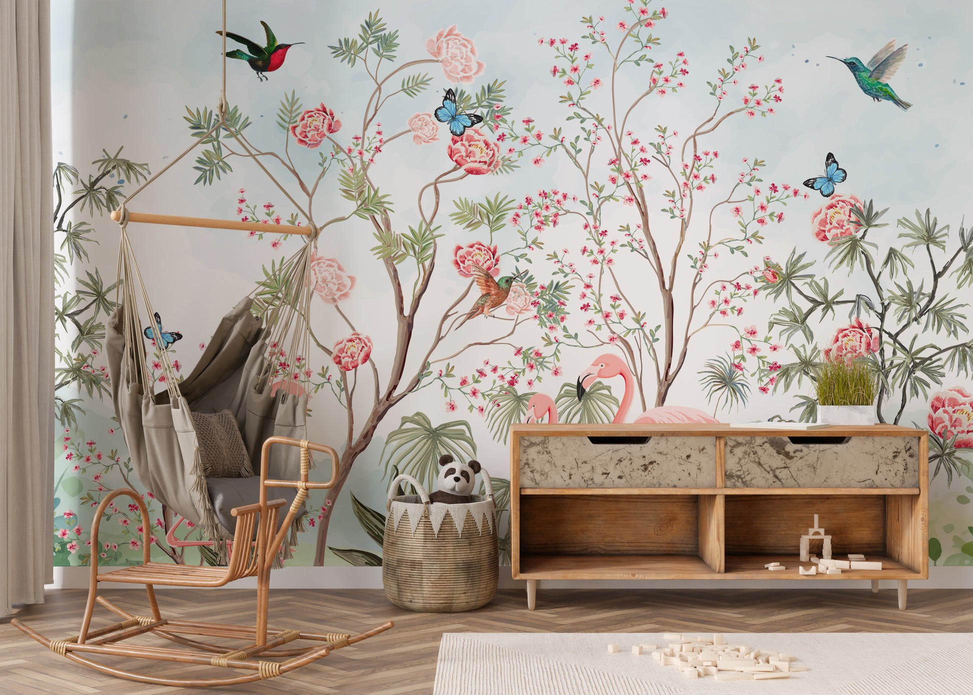 Exotic flamingo and floral chinoiserie wall mural