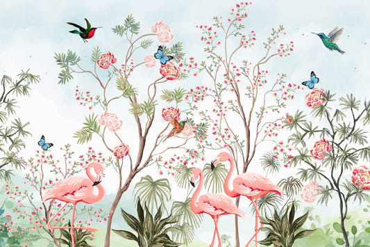 Chinoiserie Garden Flamingo Wallpaper - Blue