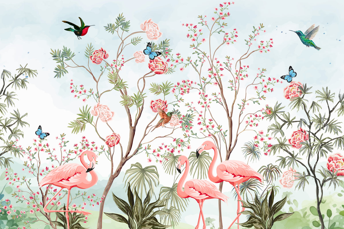 Chinoiserie Garden Flamingo Wallpaper - Blue in your room