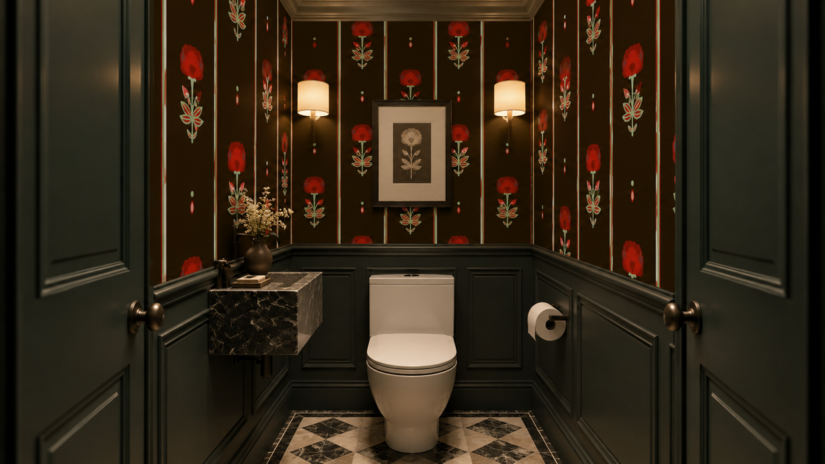 Crimson Folk Art Floral Stripe Wallpaper⁠