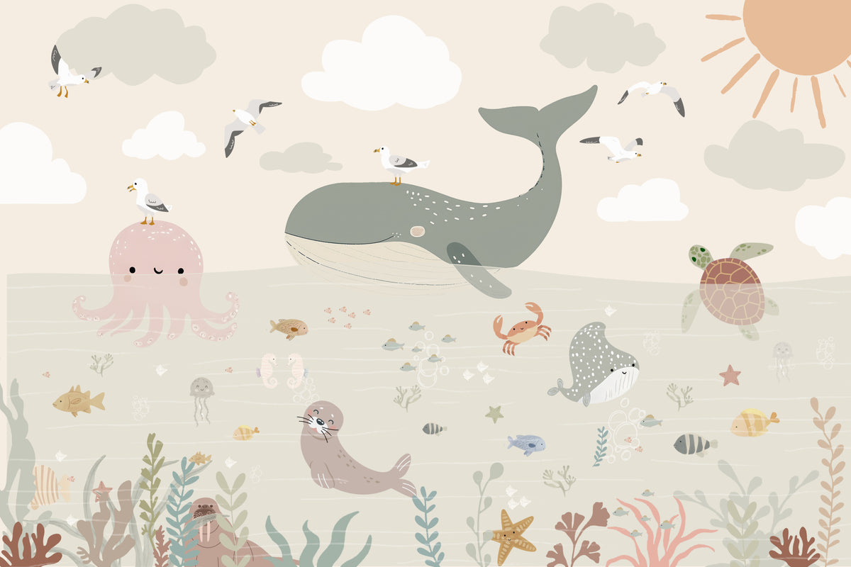 Ocean Creatures Wall Mural in your room — zoomed