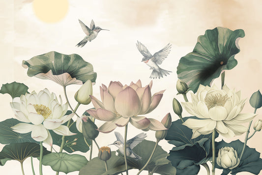 Elegant Lotus and Hummingbird Wallpaper Mural