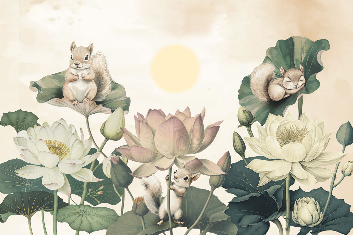 Whimsical Lotus Garden Squirrel Mural in your room — zoomed