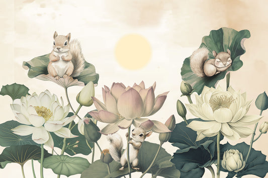 Whimsical Lotus Garden Squirrel Mural