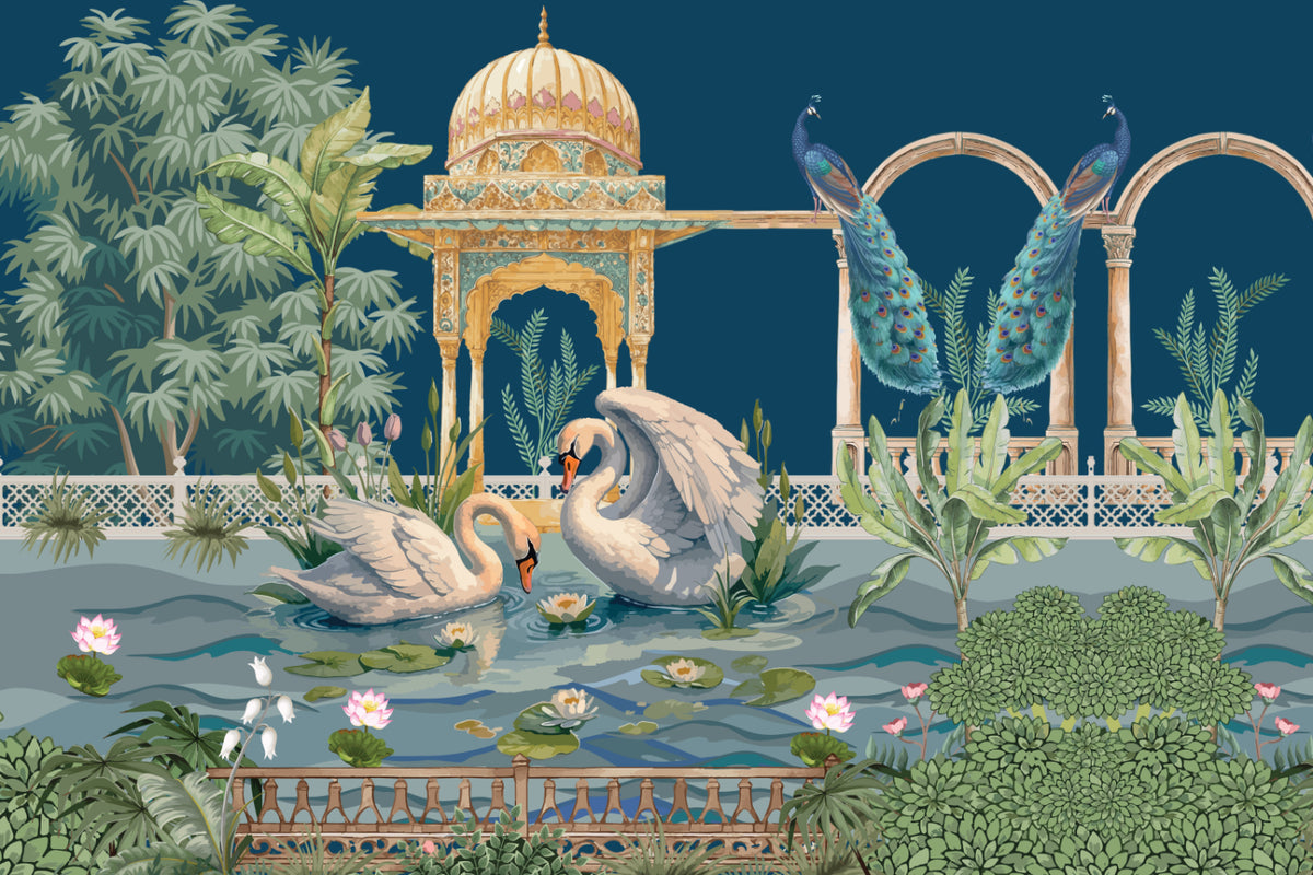 Romantic Swan Lake Palace Mural in your room — zoomed