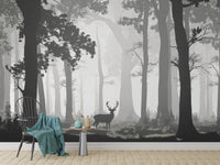Elegant deer silhouette forest wallpaper in grayscale
