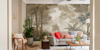 Vintage forest wall mural with misty rainforest view
