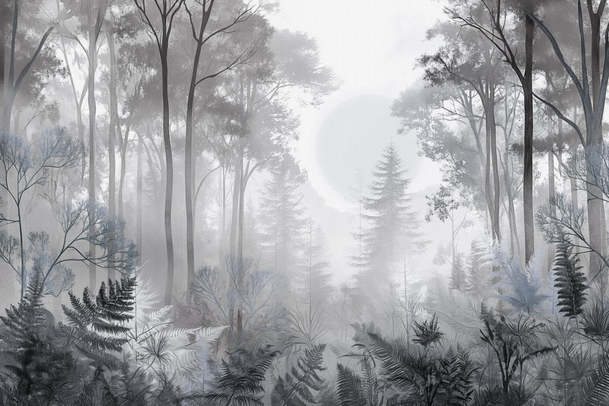 Misty Monochrome Forest Wall Mural in your room