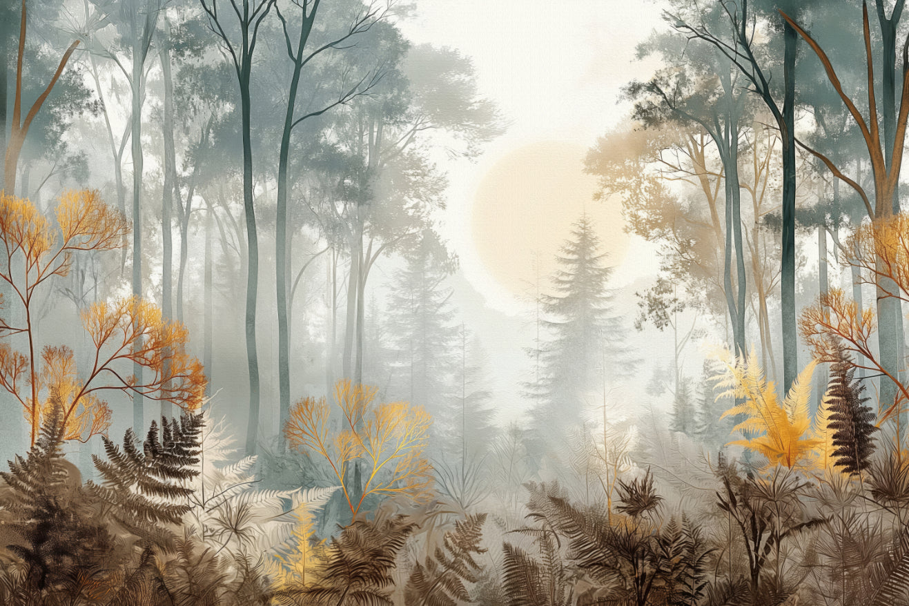 Misty Sunlit Forest Wall Mural