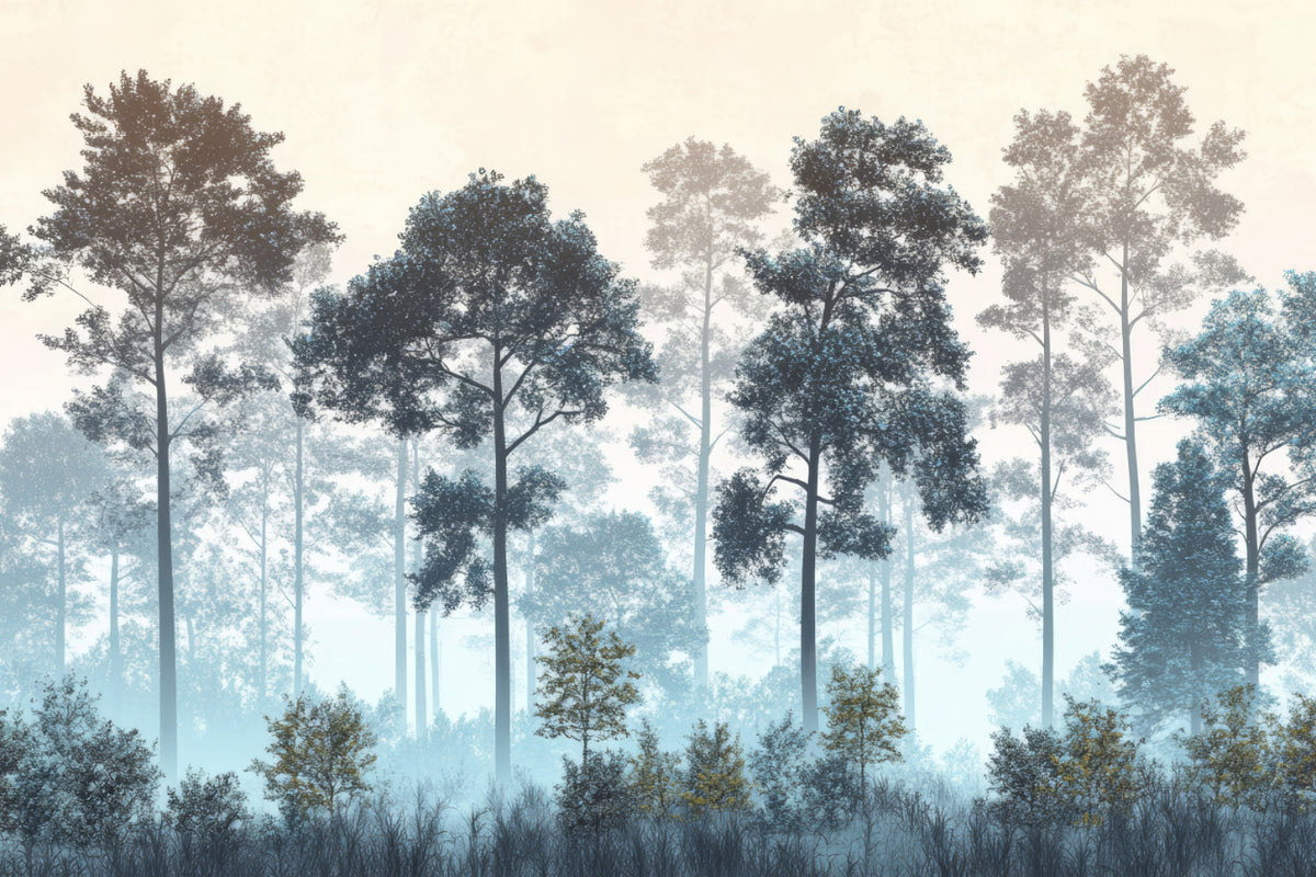 Misty Blue Forest Wall Mural in your room — zoomed