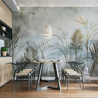 Modern nature-inspired wall mural with lush greenery
