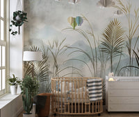 Nature-inspired wall mural with misty forest and foliage
