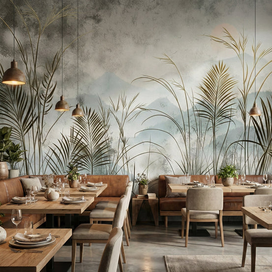 Misty Botanical Landscape wall mural with gold grasses and blue mountains in a restaurant dining area
