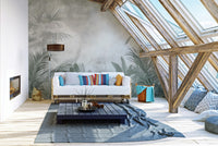 Neutral-toned jungle wallpaper with layered palm leaves
