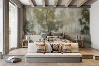 Calming foggy trees wall mural with realistic depth
