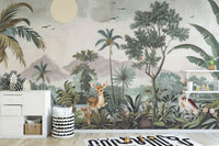 Lush green jungle wallpaper mural with vintage charm

