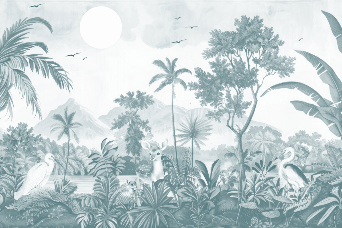 Monochrome Tropical Jungle Wallpaper Mural in your room — zoomed