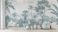 Scenic forest wallpaper mural with mountains and animals
