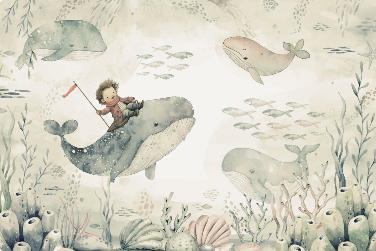 Watercolor Whale Adventure Wallpaper in your room — zoomed