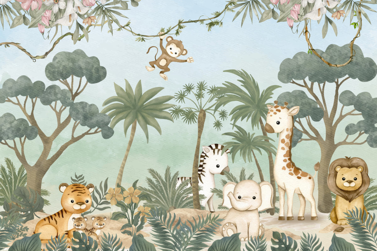 Whimsical Jungle Safari Wallpaper in your room — zoomed