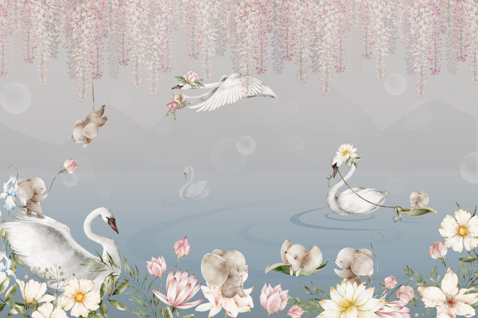 Swan Lake and Baby Elephant Mural in your room