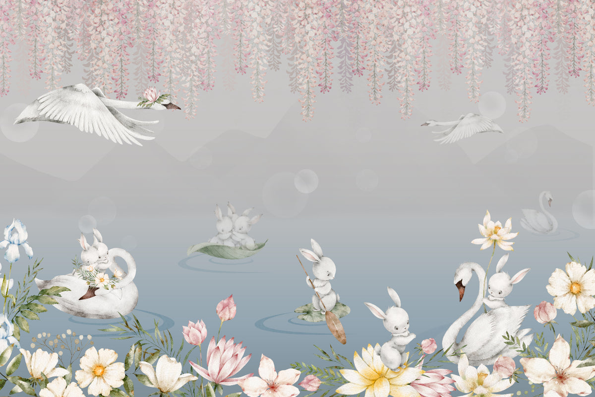 Enchanted Bunny Swan Lake Wall Mural in your room — zoomed